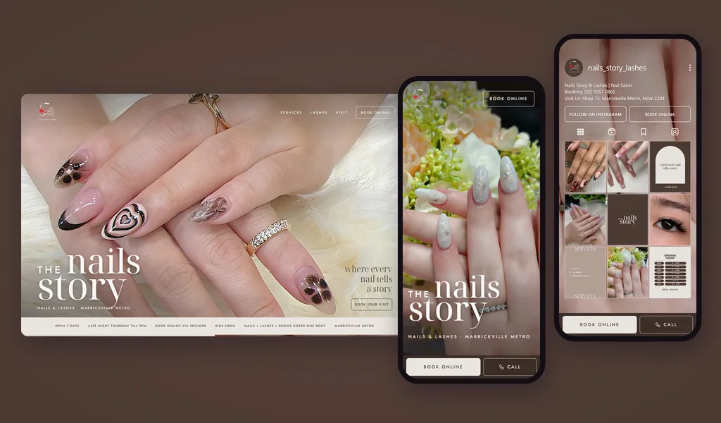 Concept 3, brown: warm cocoa editorial layout with a heart nail-art set