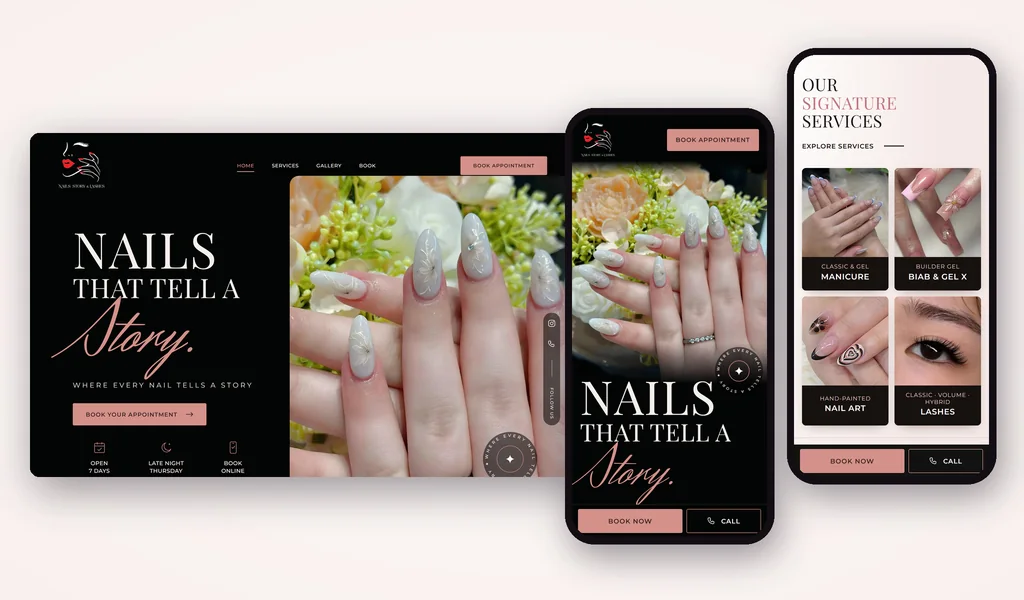 Concept 2, dark: black page with a hand-painted floral nail set and dusty rose buttons
