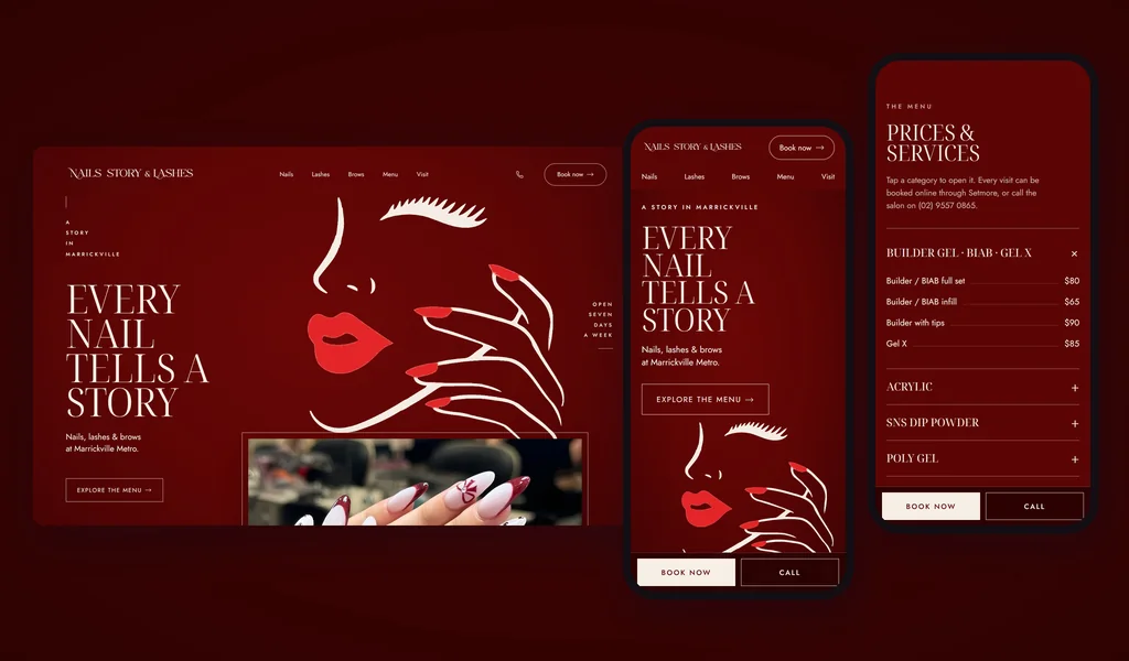 Concept 1, red: the salon's line-art logo large on a deep red page